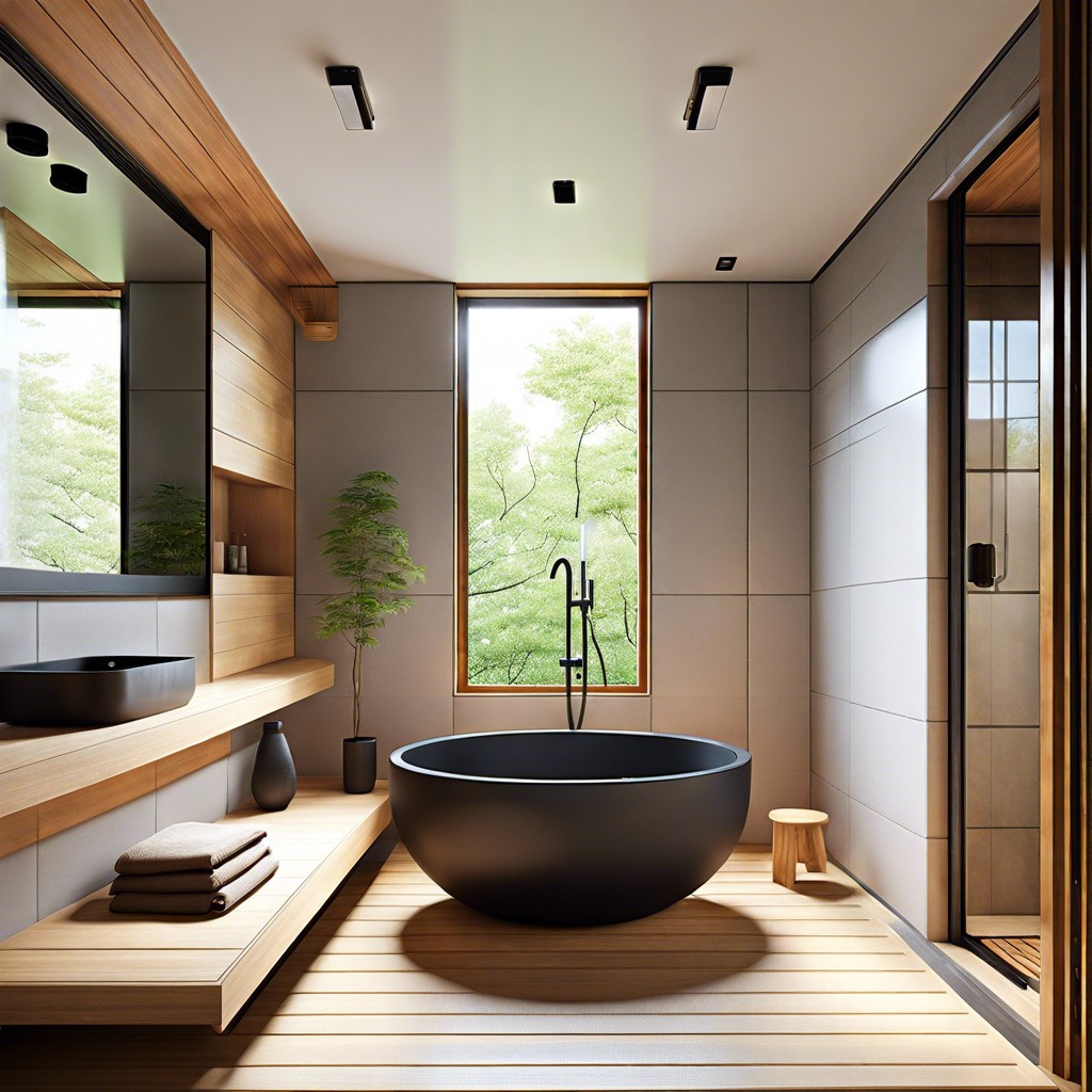 japanese inspired minimalism with a deep soaking tub inside a sleek tiled shower area