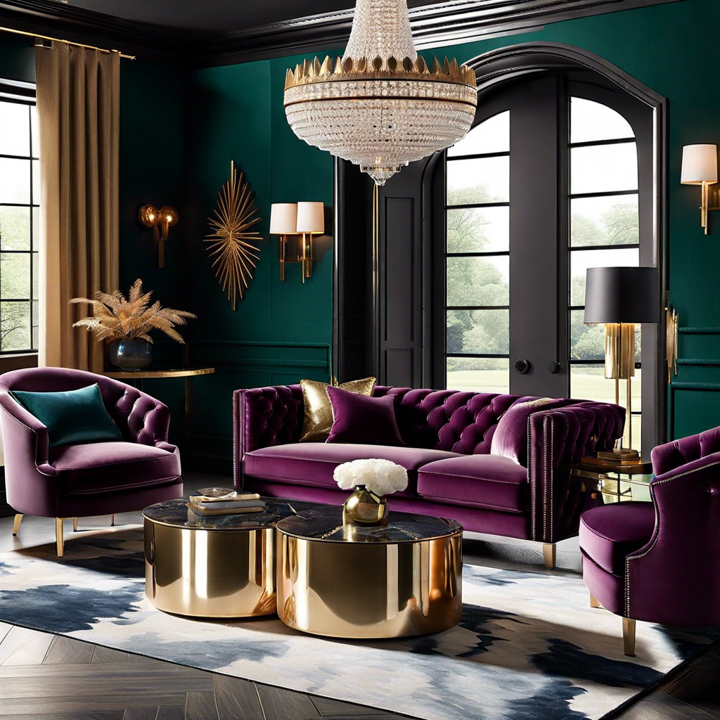 jewel toned velvet couch with metallic accents