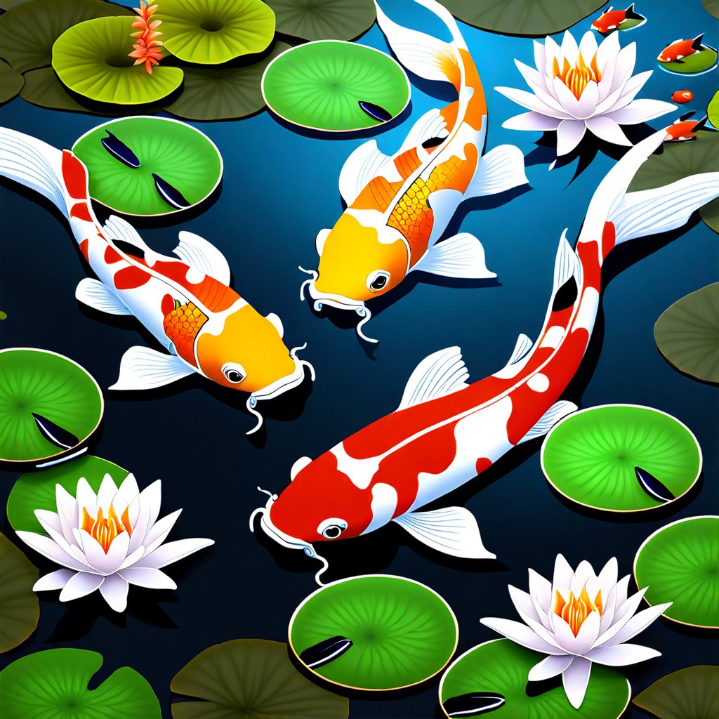 koi pond with fish circling lily pads