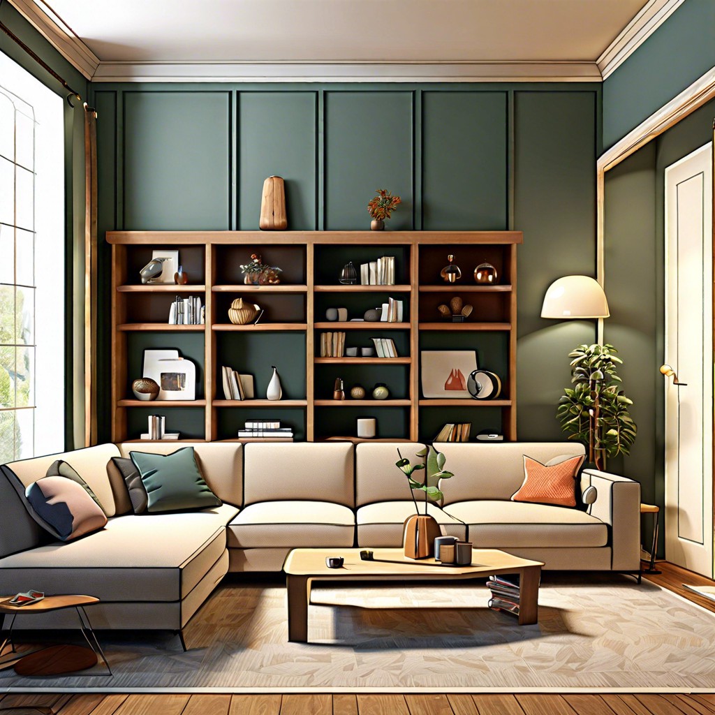 l shaped sofa with a built in bookshelf on adjoining walls