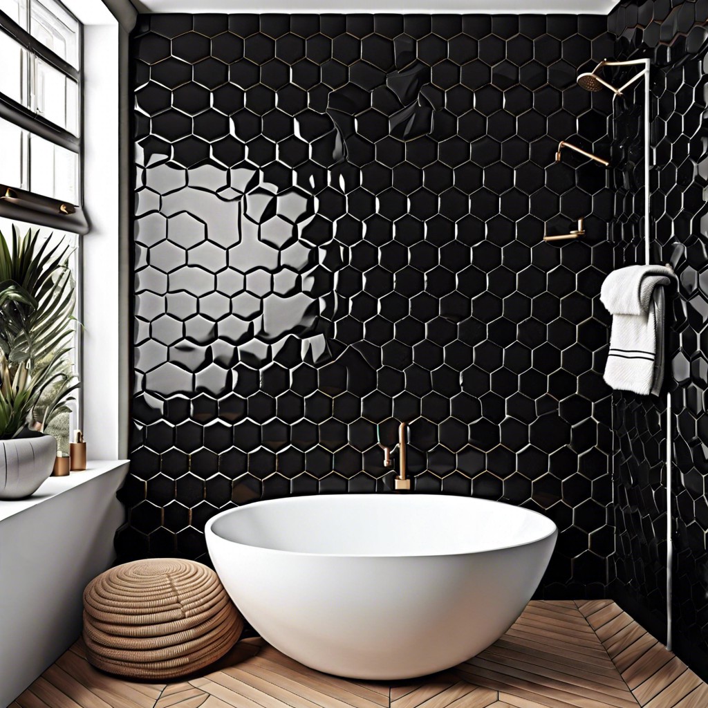 lay black hex tiles in a honeycomb pattern with dark grout