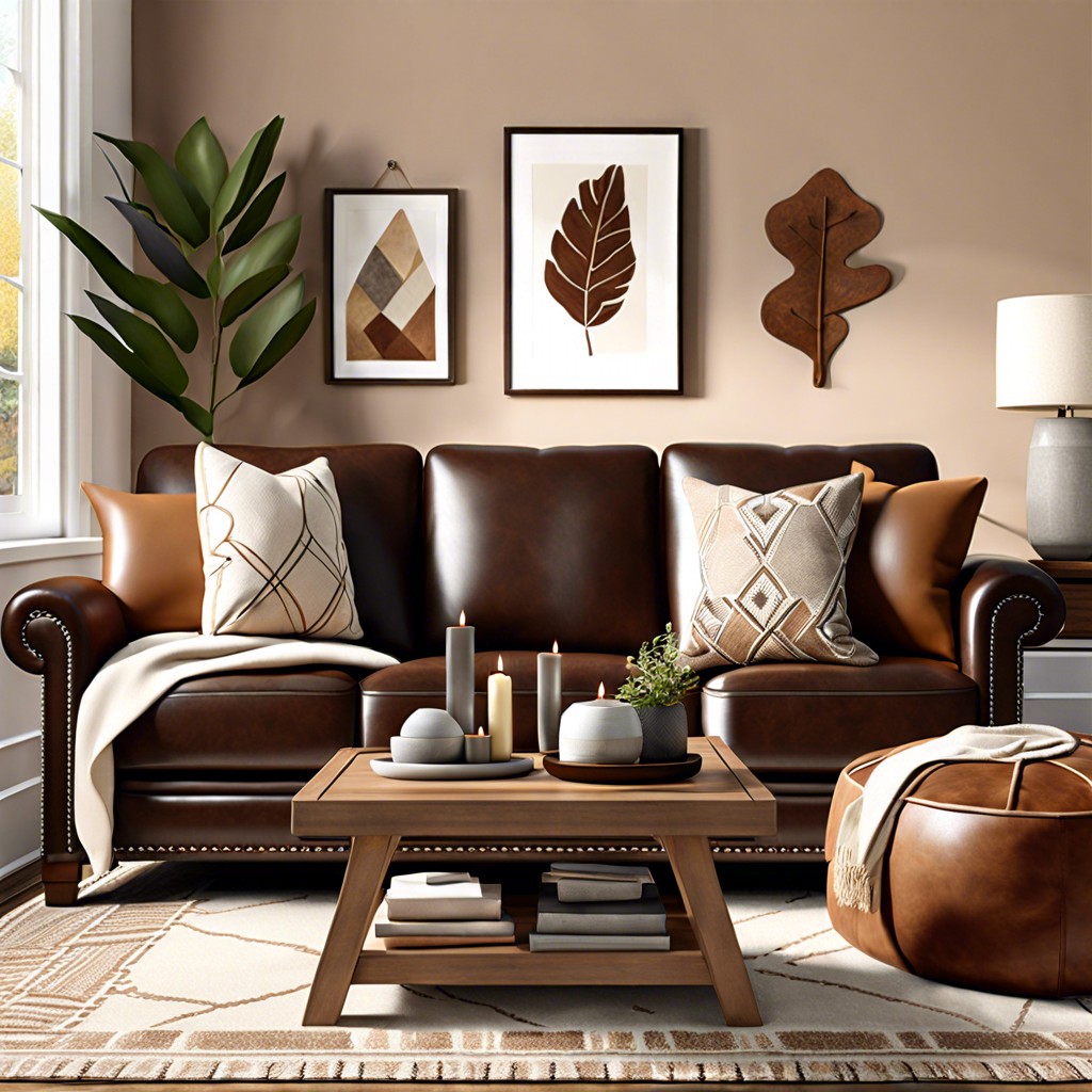layer multiple throw pillows in various shades of brown and cream