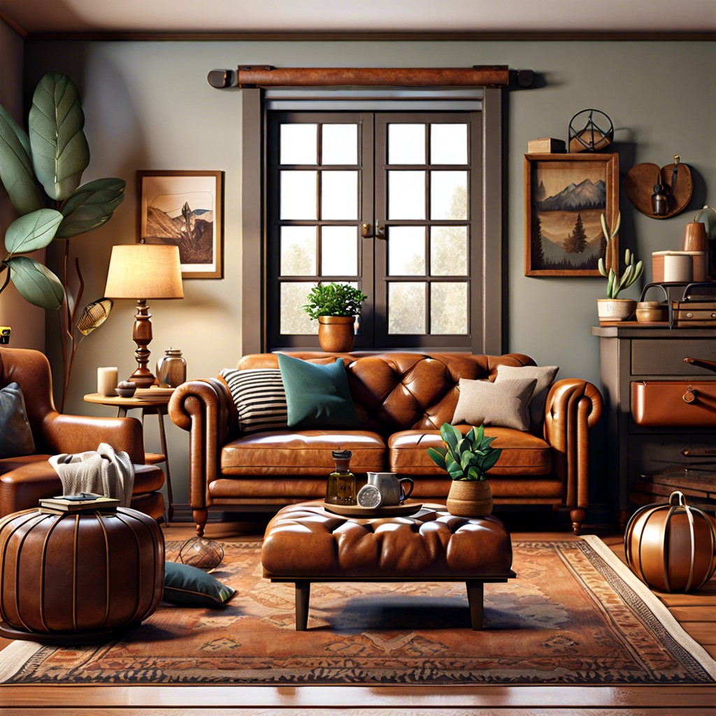 leather couch with vintage decor