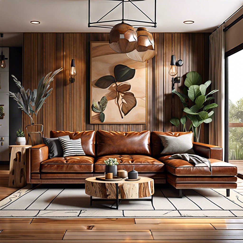 leather sectional with rustic wooden elements