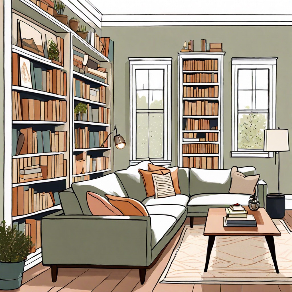 library lounge turn your living space into a reading nook with a small sectional floor lamps and a wall of bookshelves