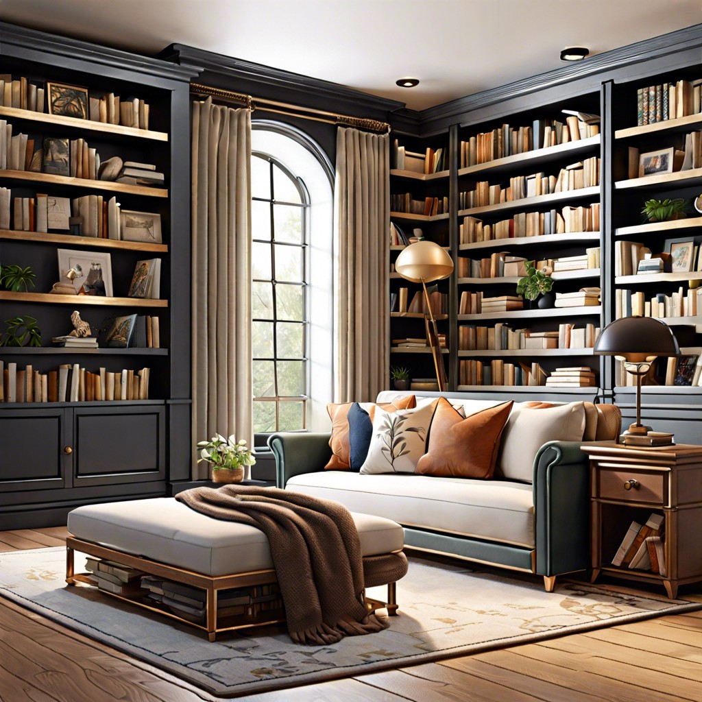 library luxe built in bookshelves around the sofa bed cozy reading spot