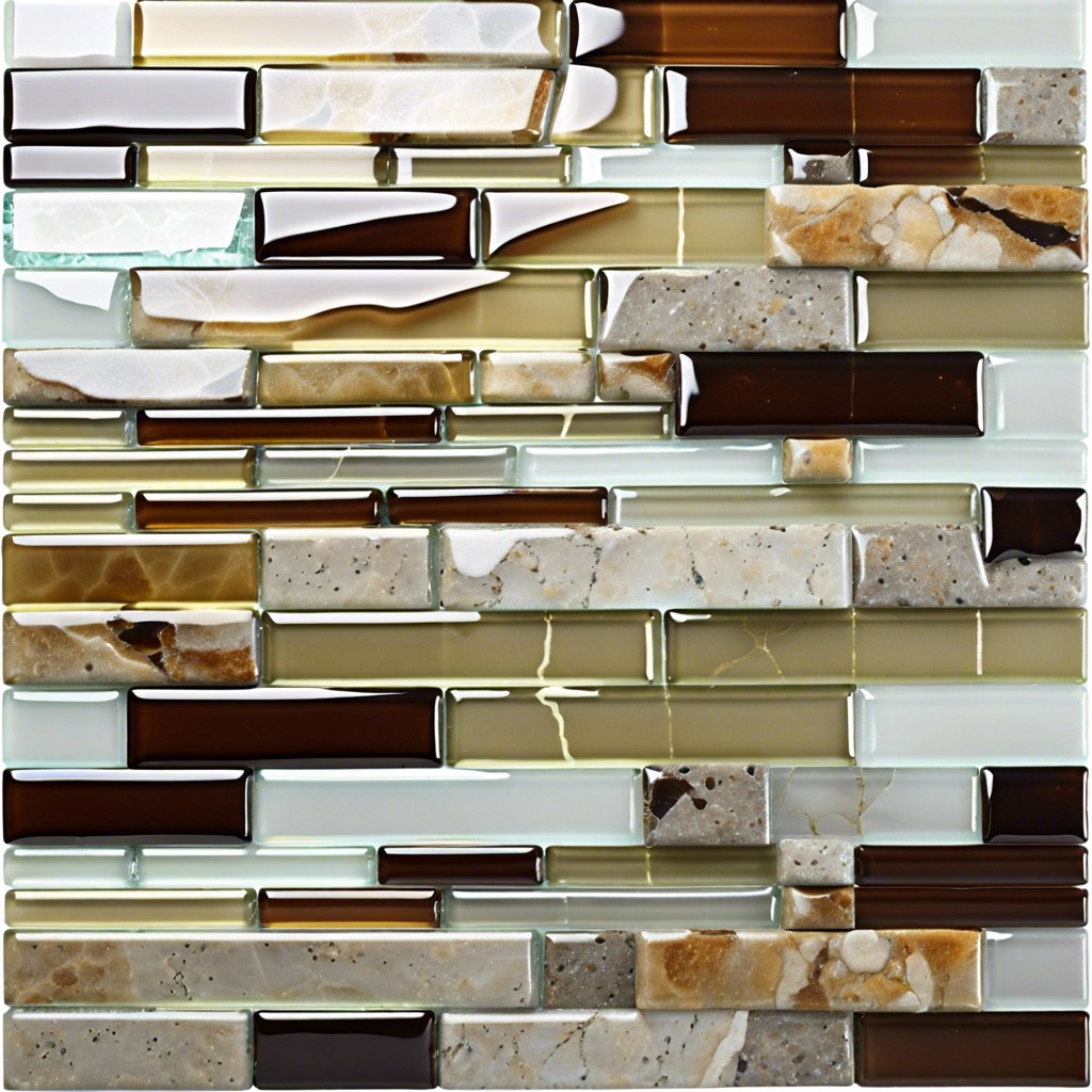 linear glass tiles interspersed with stone tile bands