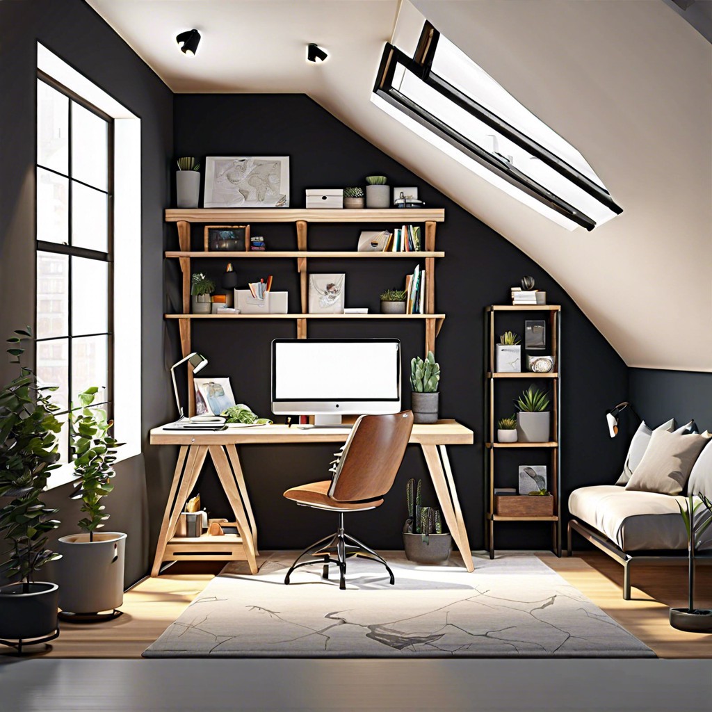 loft office with high shelves and convertible futon