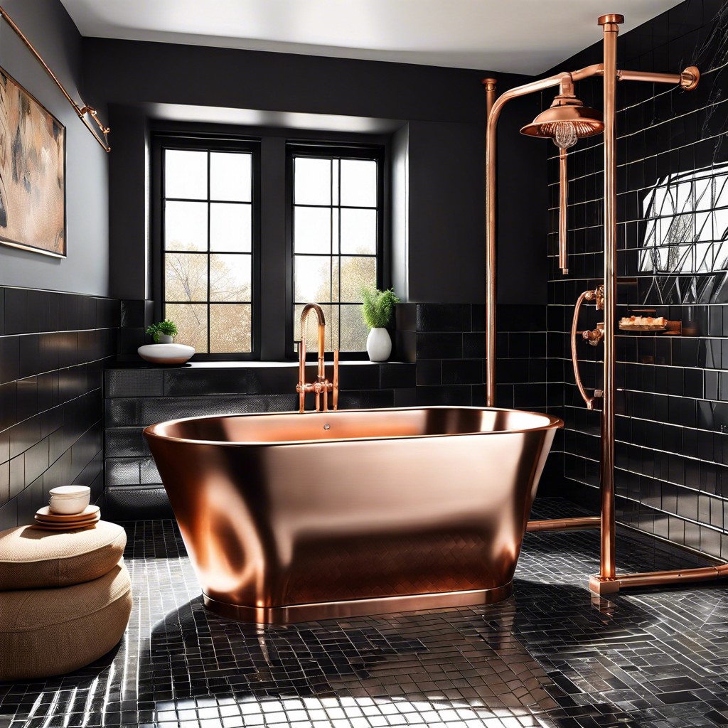 loft style with a copper tub in a black tiled shower area highlighted with vintage lighting