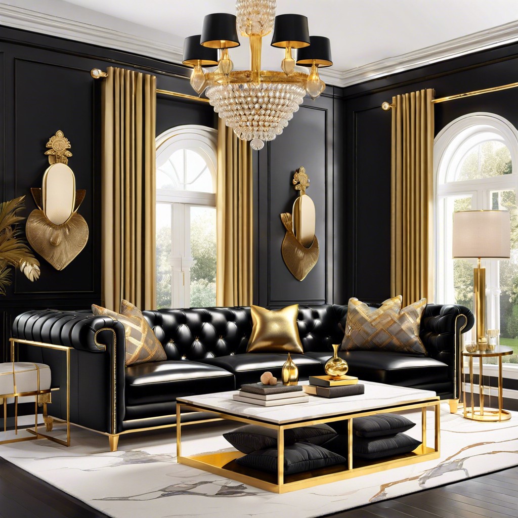 luxe glam accessorize a black tufted leather sofa with gold accents and plush velvet