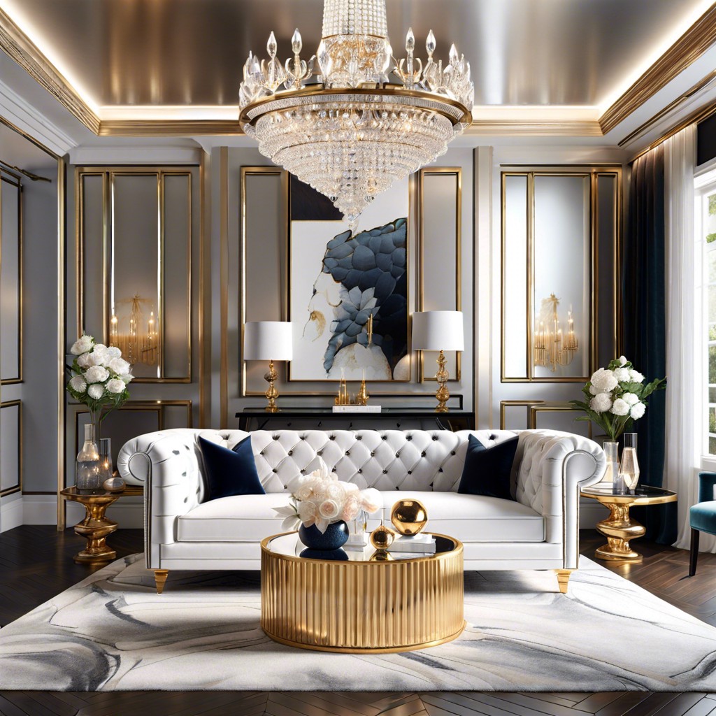 luxe glamour with a velvet tufted white sofa crystal chandelier and mirrored furniture