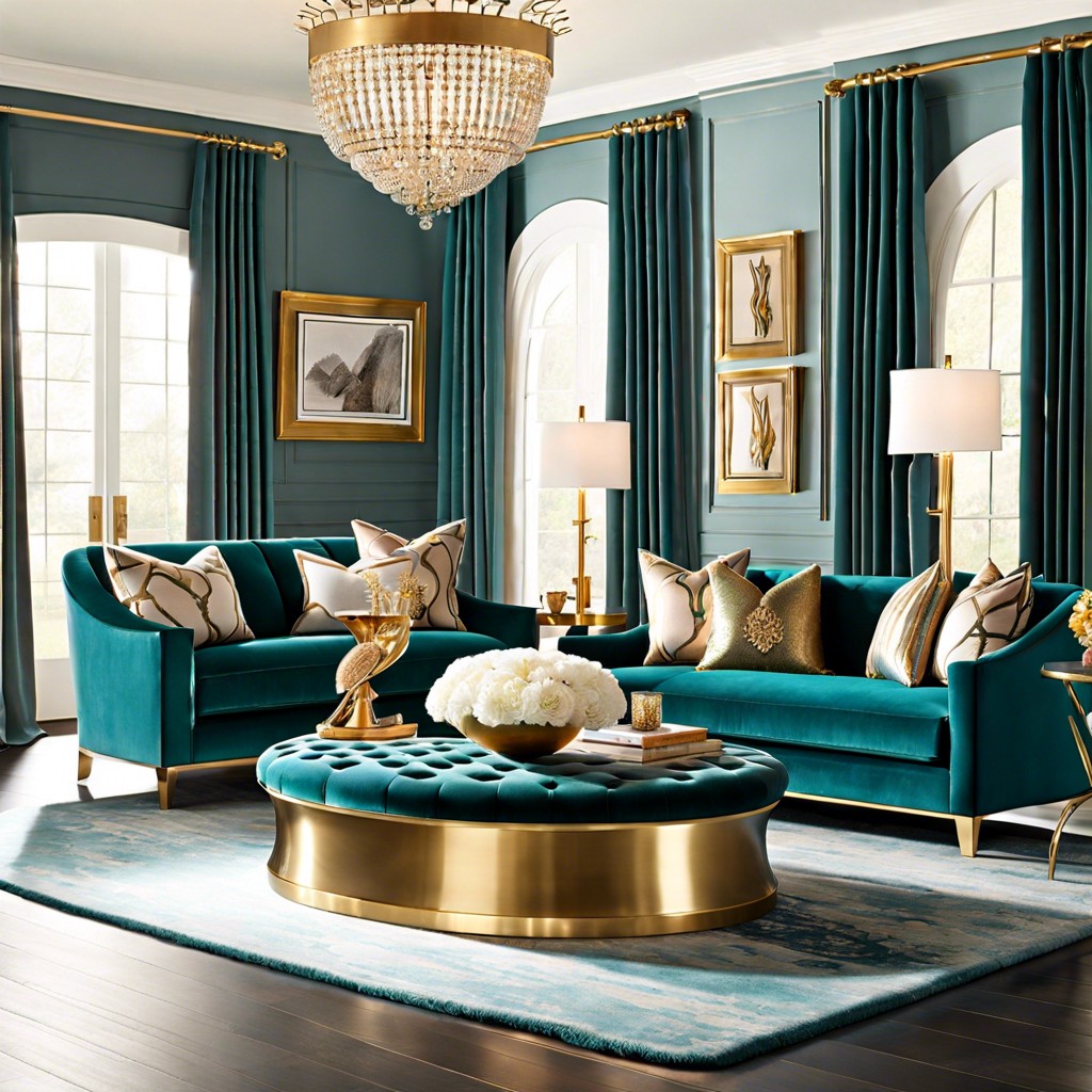 luxe look combine the teal sofa with gold or brass accents and a plush area rug