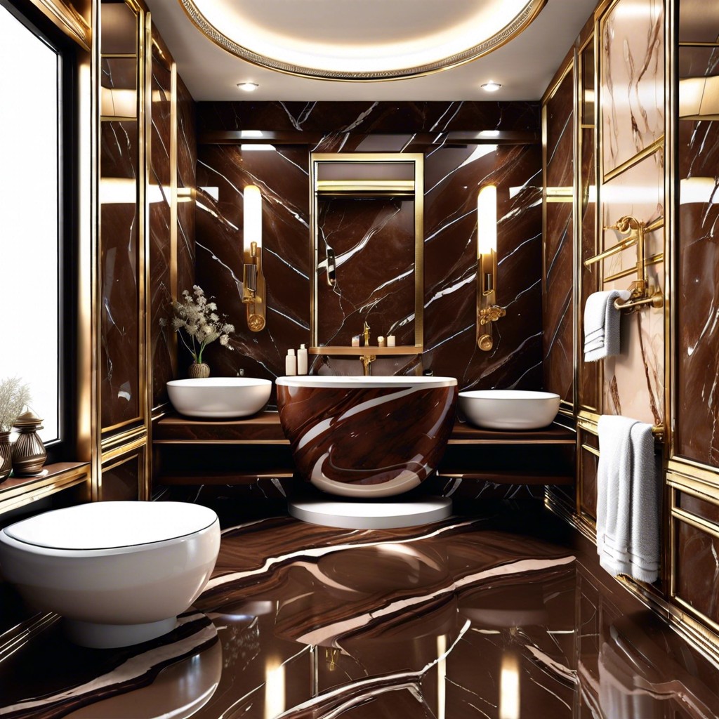 luxe shine use chocolate brown marble tiles with high gloss finish and gold or copper trimmings