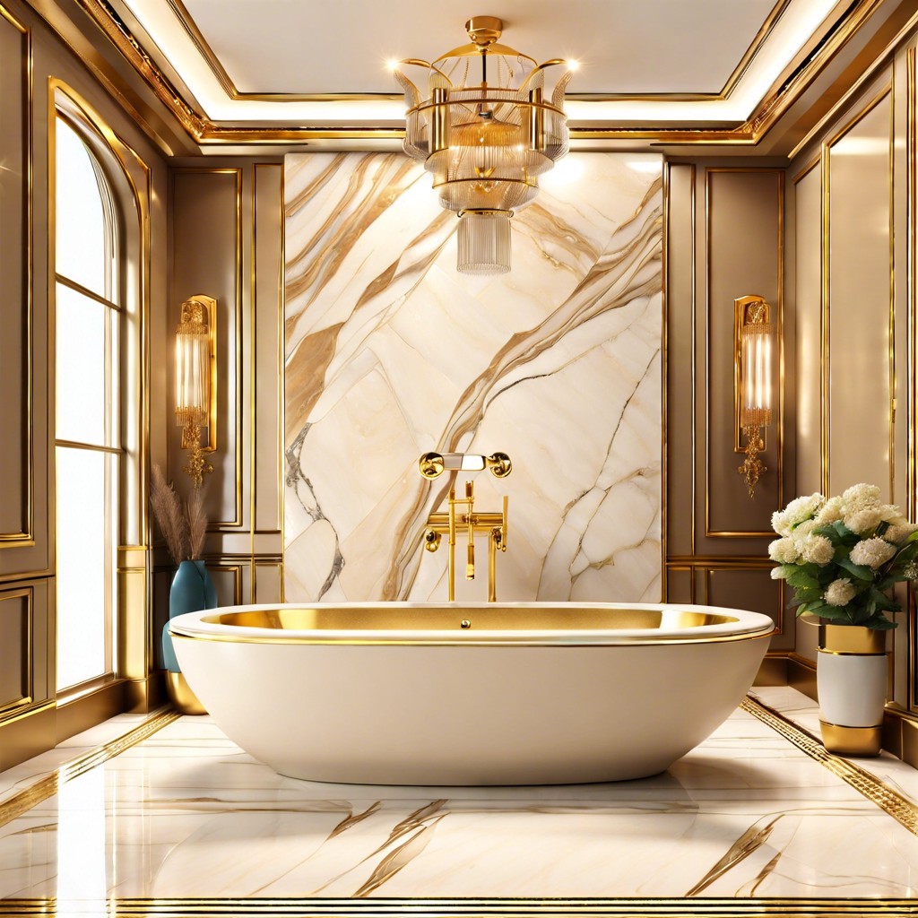 luxurious beige marble tile with gold trim