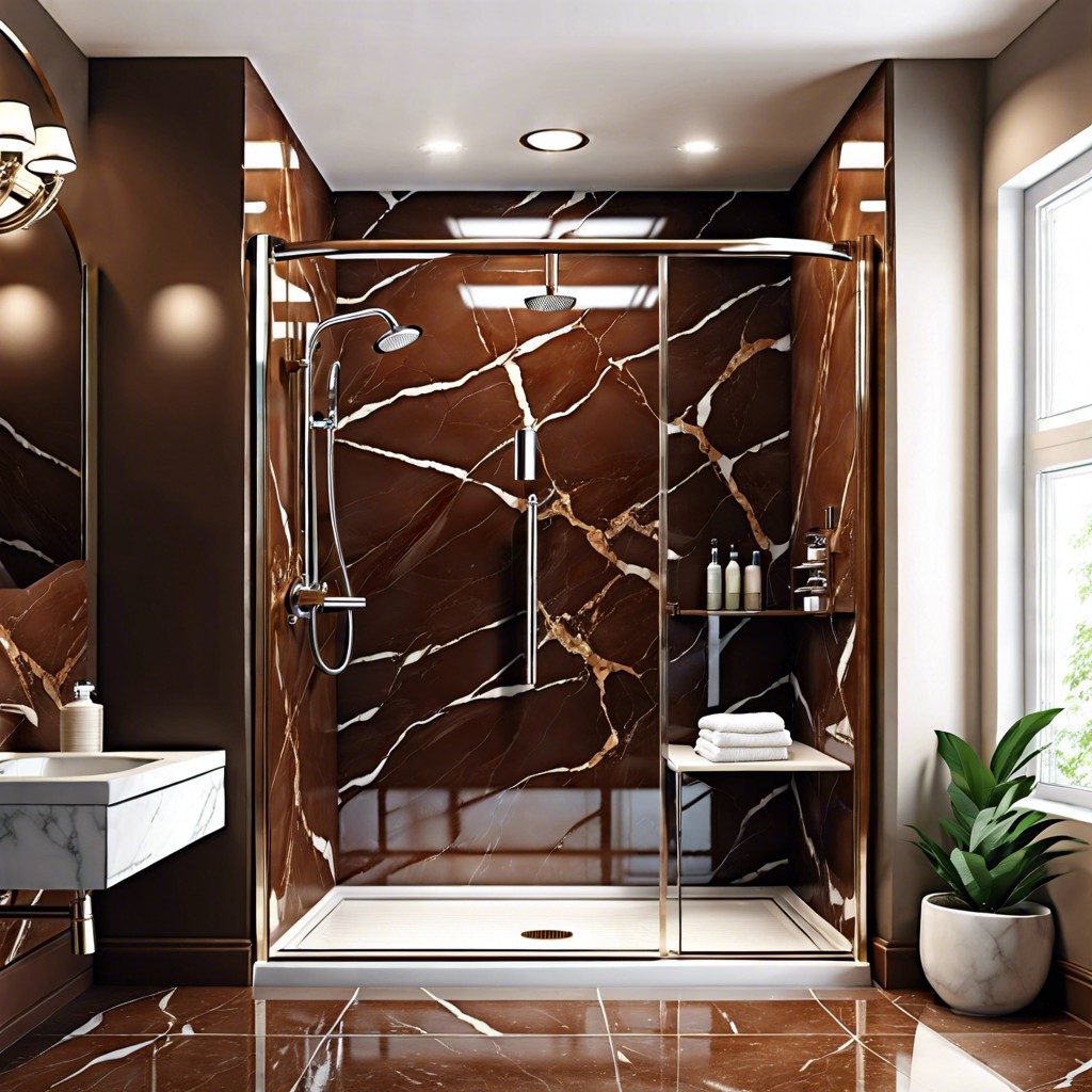 luxurious marble shower with veins of deep brown and cream