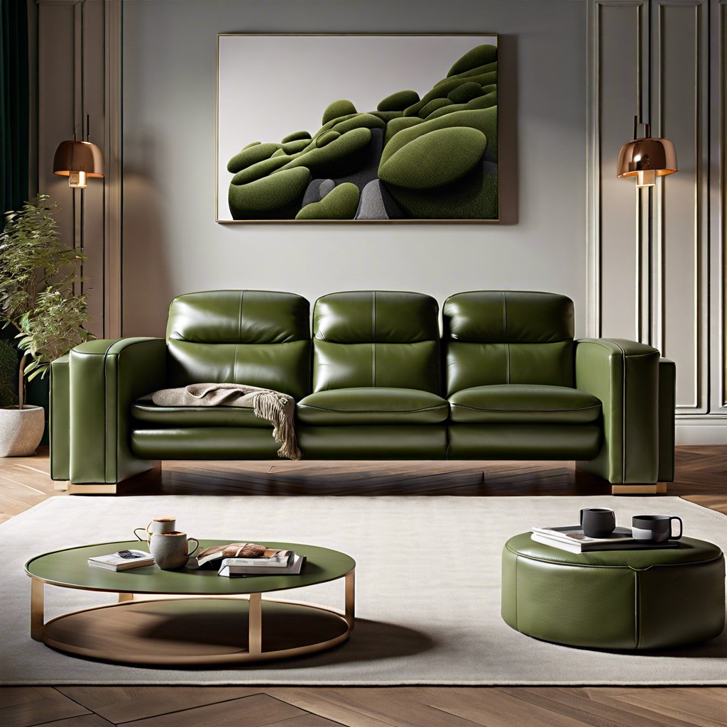 luxurious moss green leather cinema sofa with cup holders