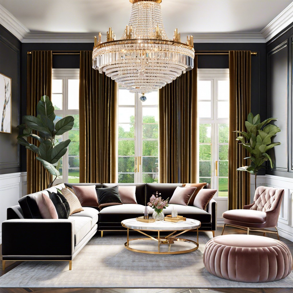 luxurious touch with velvet cushions and a crystal chandelier