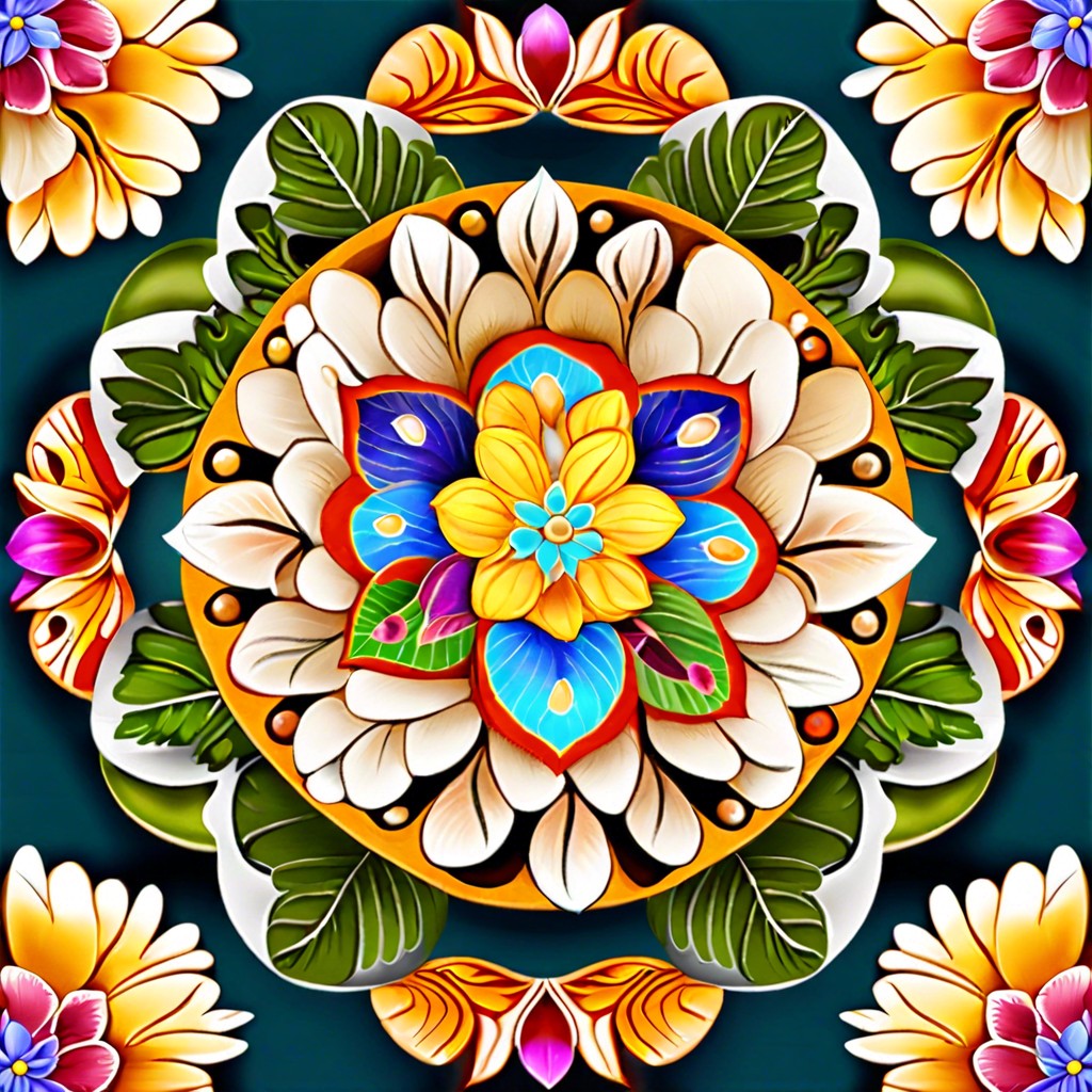 mandala incorporating natural elements leaves flowers shells