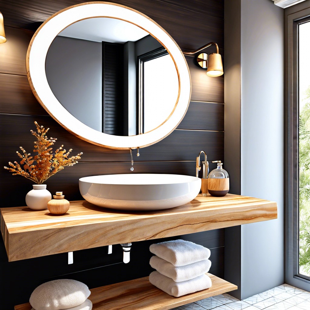 marble sink bowls on a floating wooden shelf