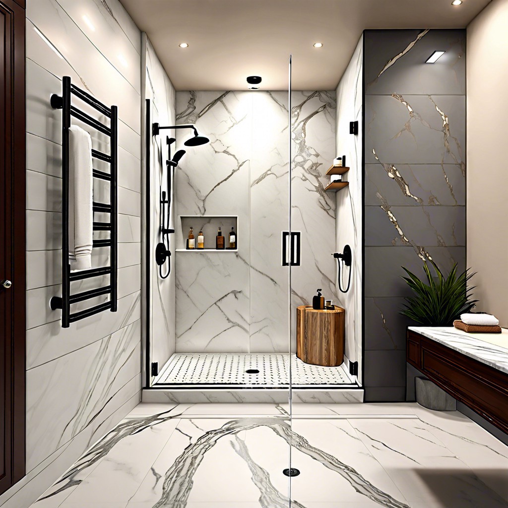 marble with rainfall showerhead and linear drain