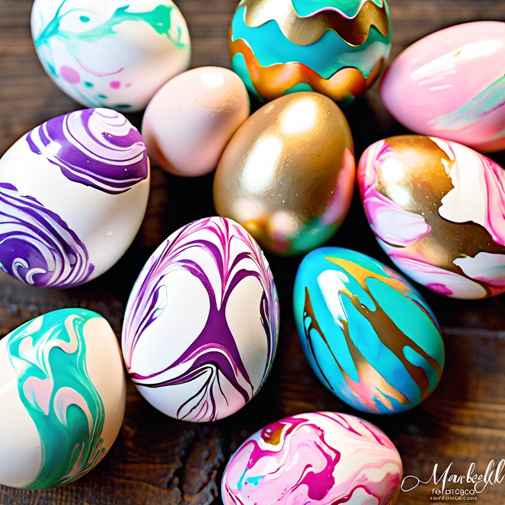 marbled eggs swirl nail polish in water and dip the eggs for a marbled effect