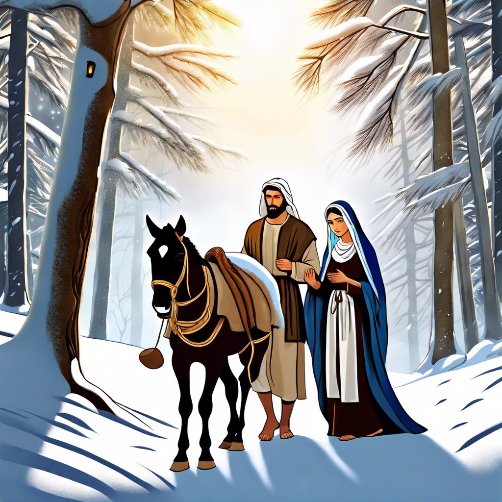 mary and joseph journeying through a snowy forest