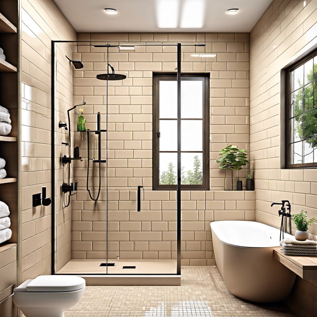 matte beige subway tiles with glass shower doors