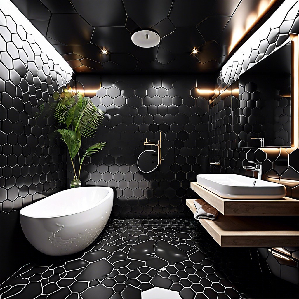 matte black hexagon tiles with a glossy black ceiling