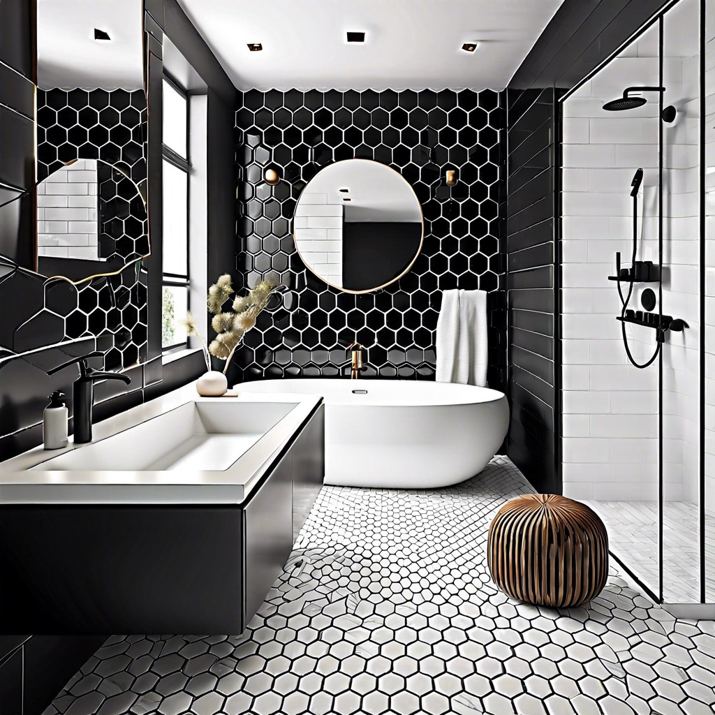 matte black hexagon tiles with white grout for strong contrast