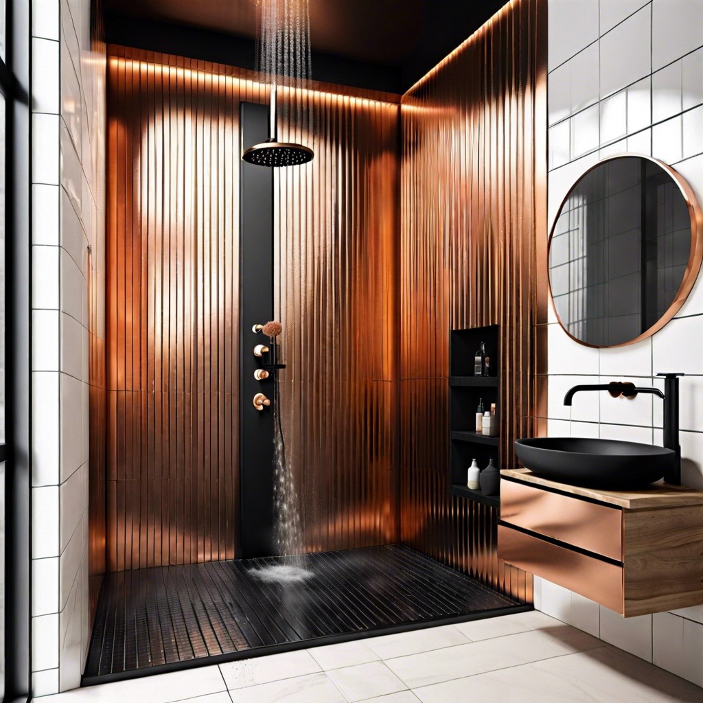 matte black tiles with interspersed copper tiles