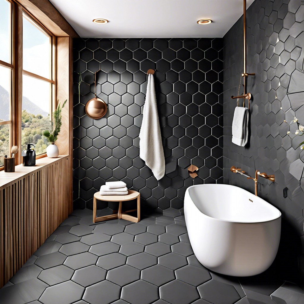 matte charcoal gray hexagon tiles