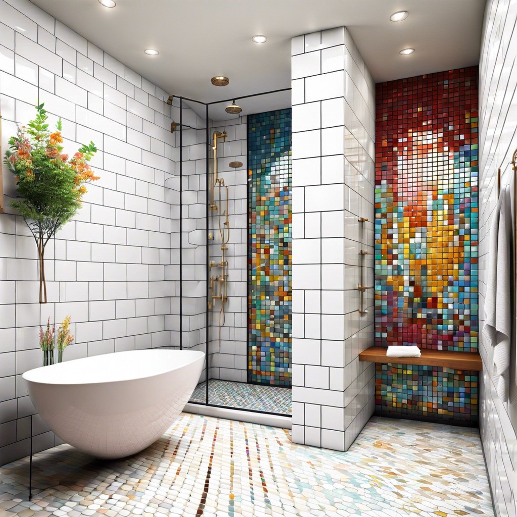 matte finish large tiles with a niche of colorful mosaic