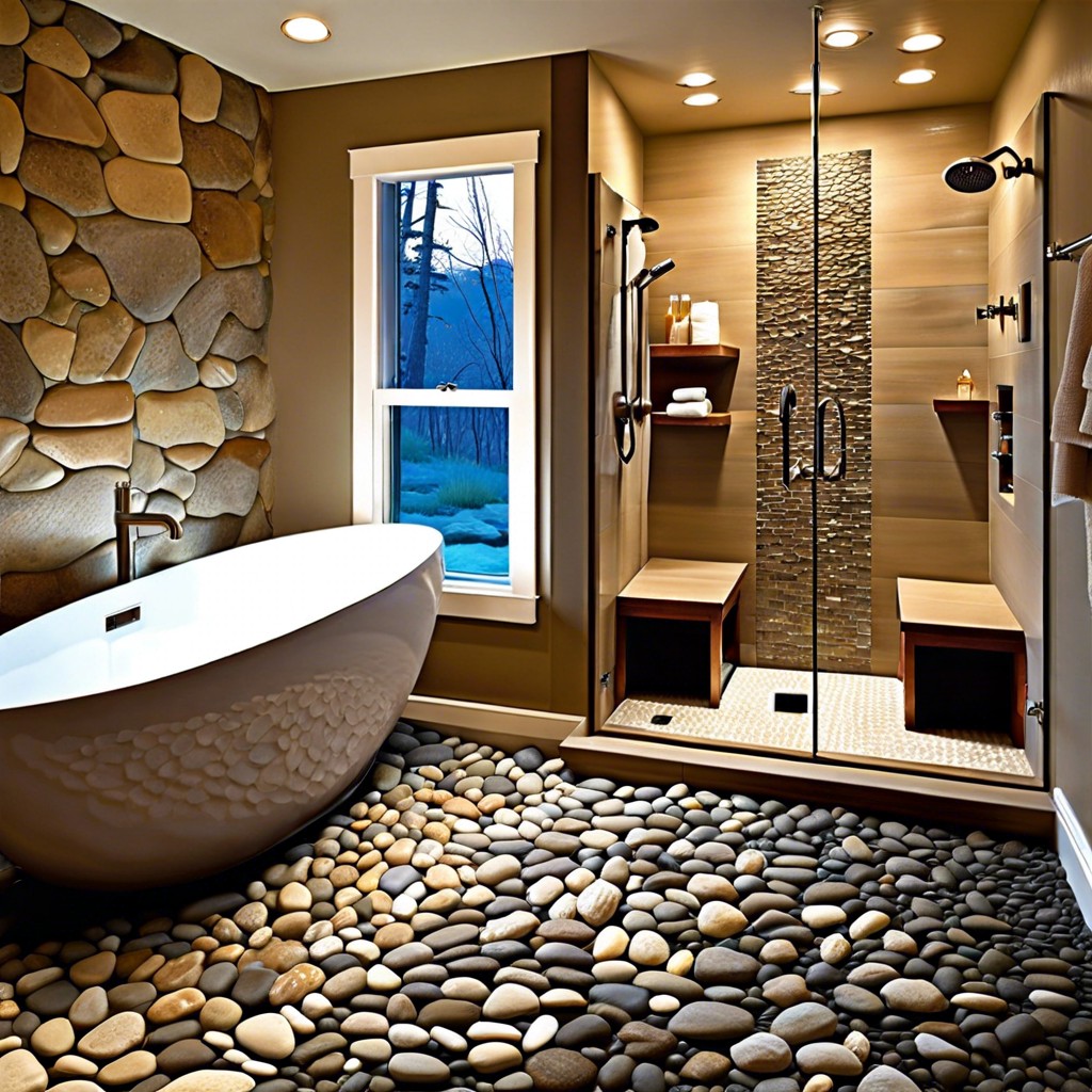 meandering river rock tiles for a serene natural feel