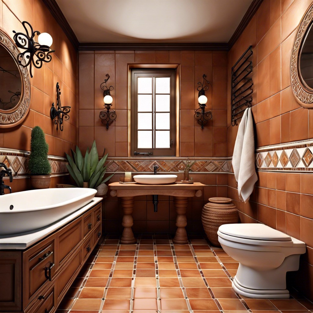 mediterranean charm use terracotta brown tiles with intricate patterns and wrought iron hardware