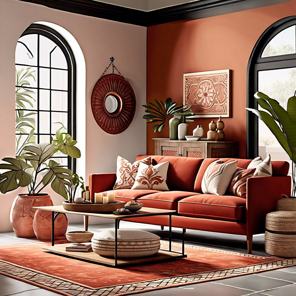 mediterranean feel use terra cotta tiles wrought iron details and sun bleached colors with the red couch