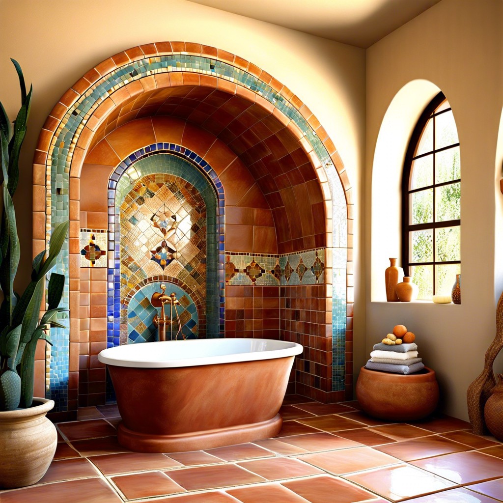 mediterranean flair with a terracotta tub in an arched shower adorned with mosaic tiles