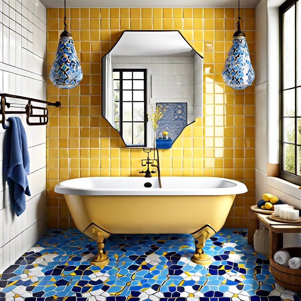 mediterranean mosaic mix of blue white and yellow hexagon tiles