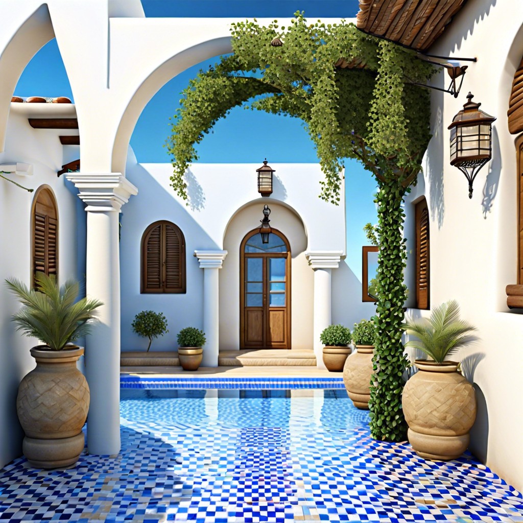 mediterranean oasis white and blue patterned tiles terracotta pots and wrought iron details