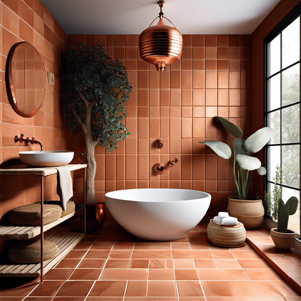 mediterranean themed shower with terracotta tiles and copper accents