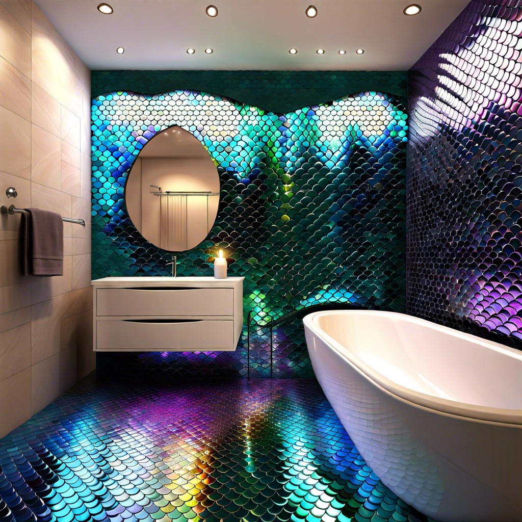 mermaid scales tile the shower area with iridescent mosaic tiles that resemble mermaid scales