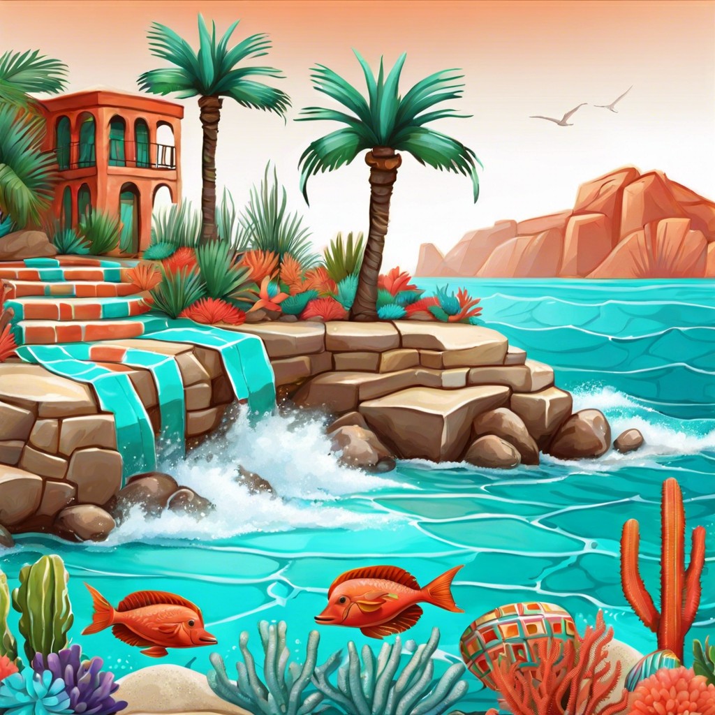 mexican coast theme using turquoise and coral colored tiles