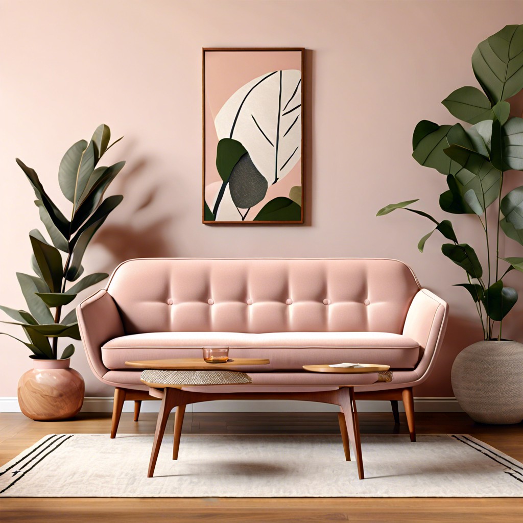 mid century modern blush sofa with wooden legs