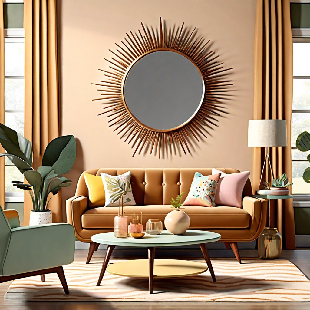 mid century modern match the couch with retro inspired furniture a sunburst mirror and pastel colors