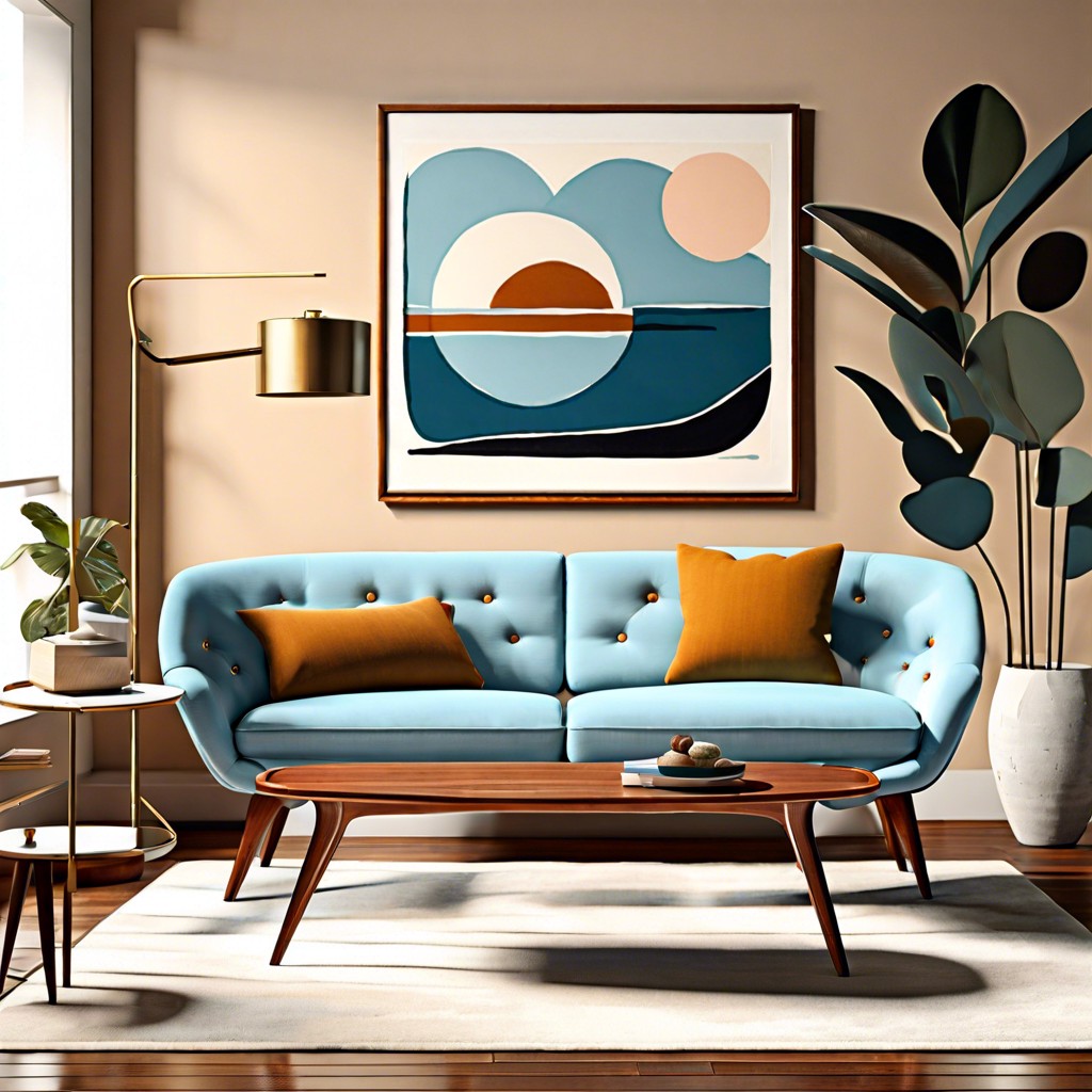 mid century modern team a light blue couch with mid century furniture teak wood and abstract prints