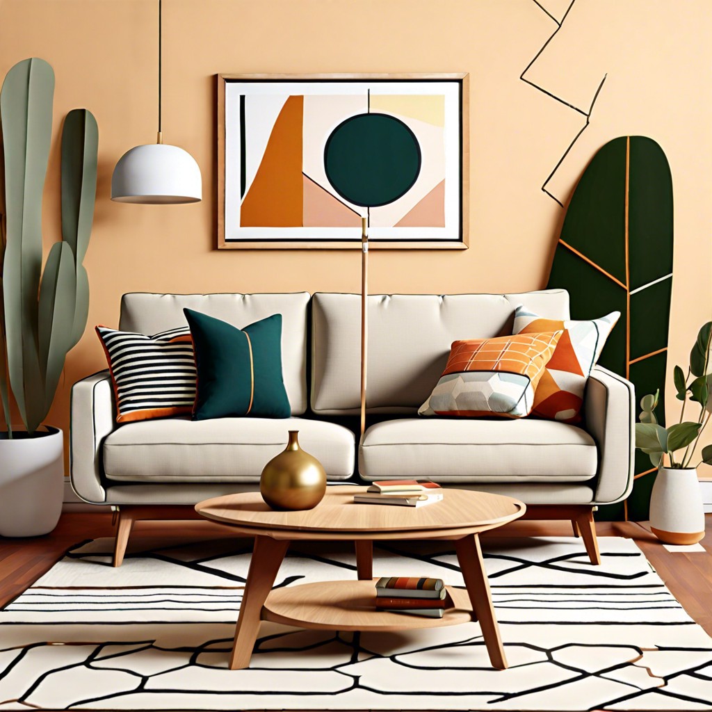 mid century modern with wooden legs and geometric pillows