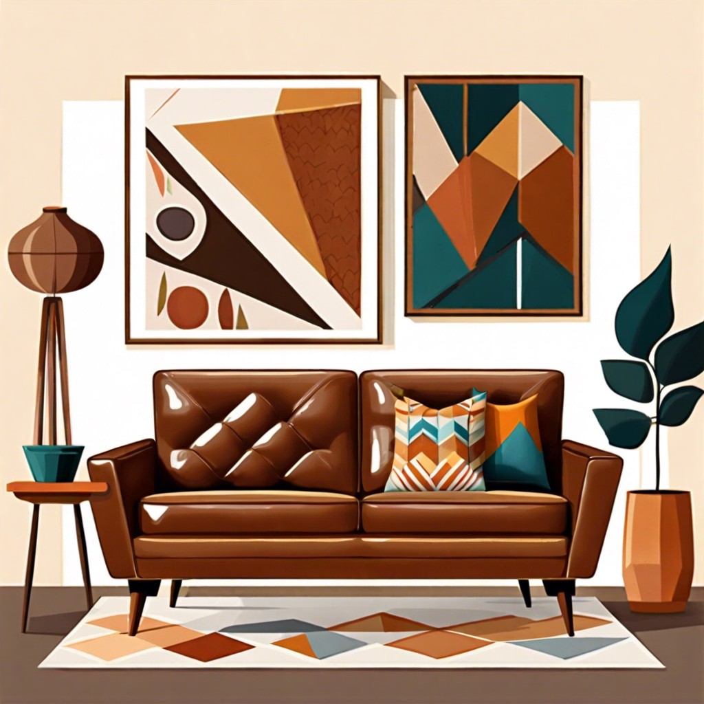 mid century modern wooden legs sofa geometric patterns retro decor