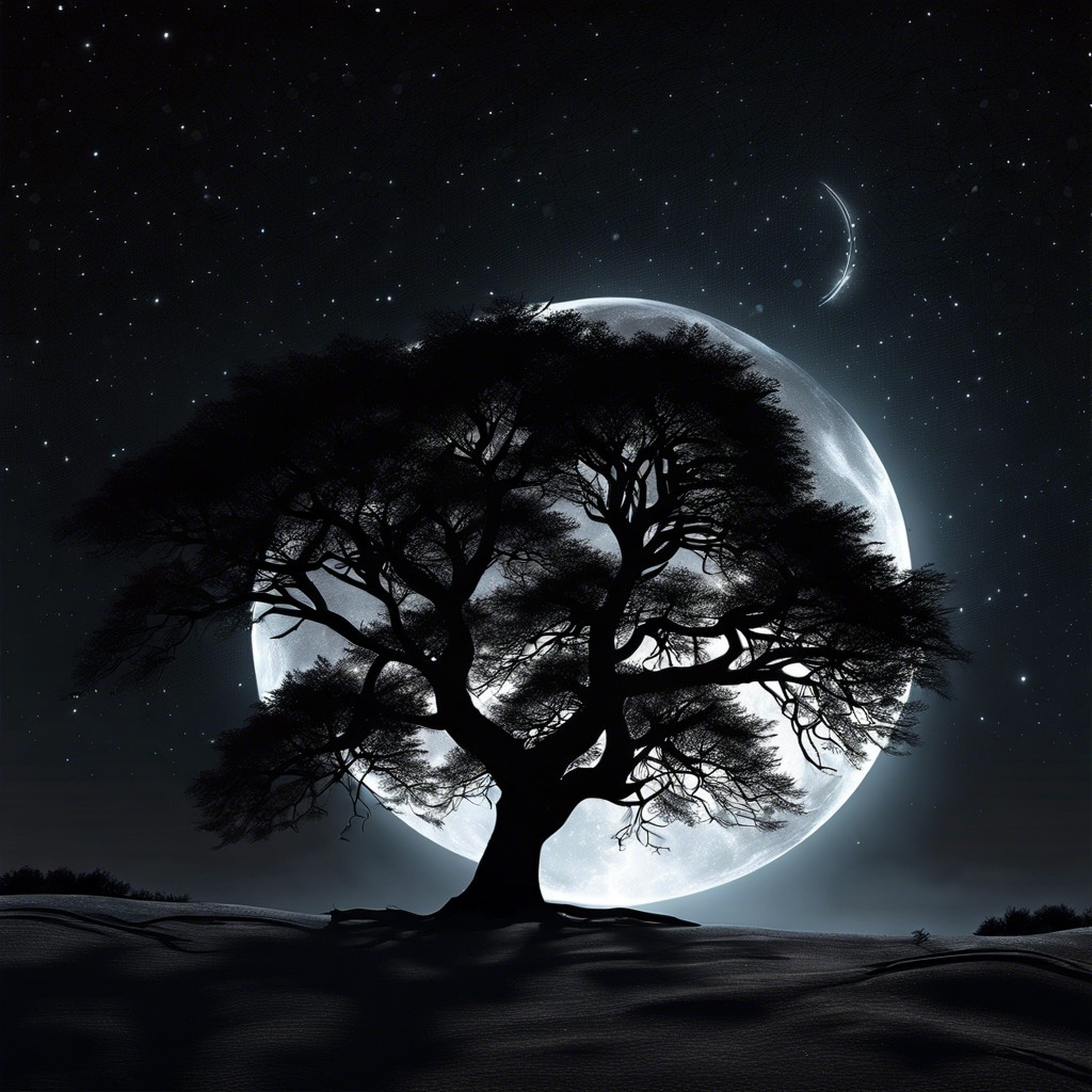 midnight silhouette a stark black tree against a moonlit sky