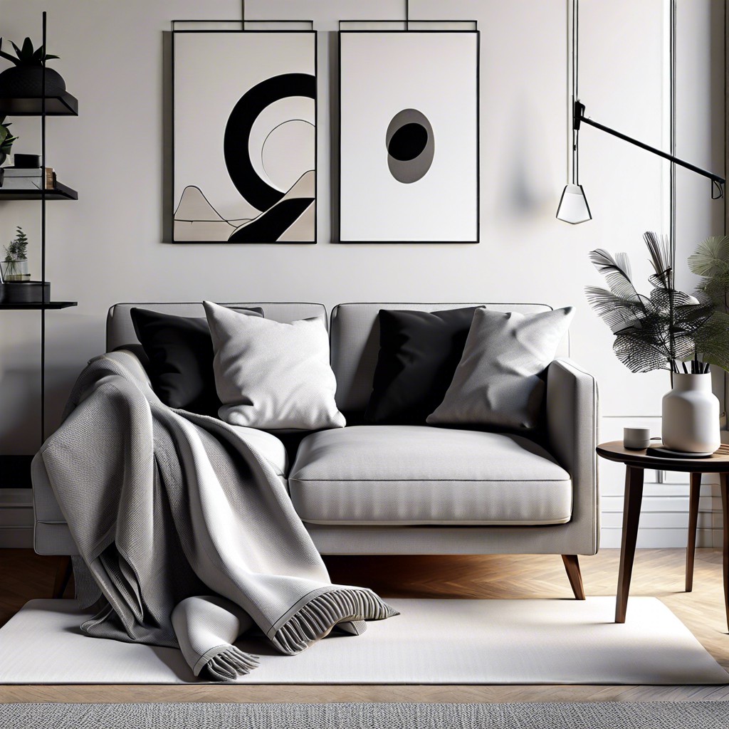 minimalist corner sofa with monochrome cushions and throws