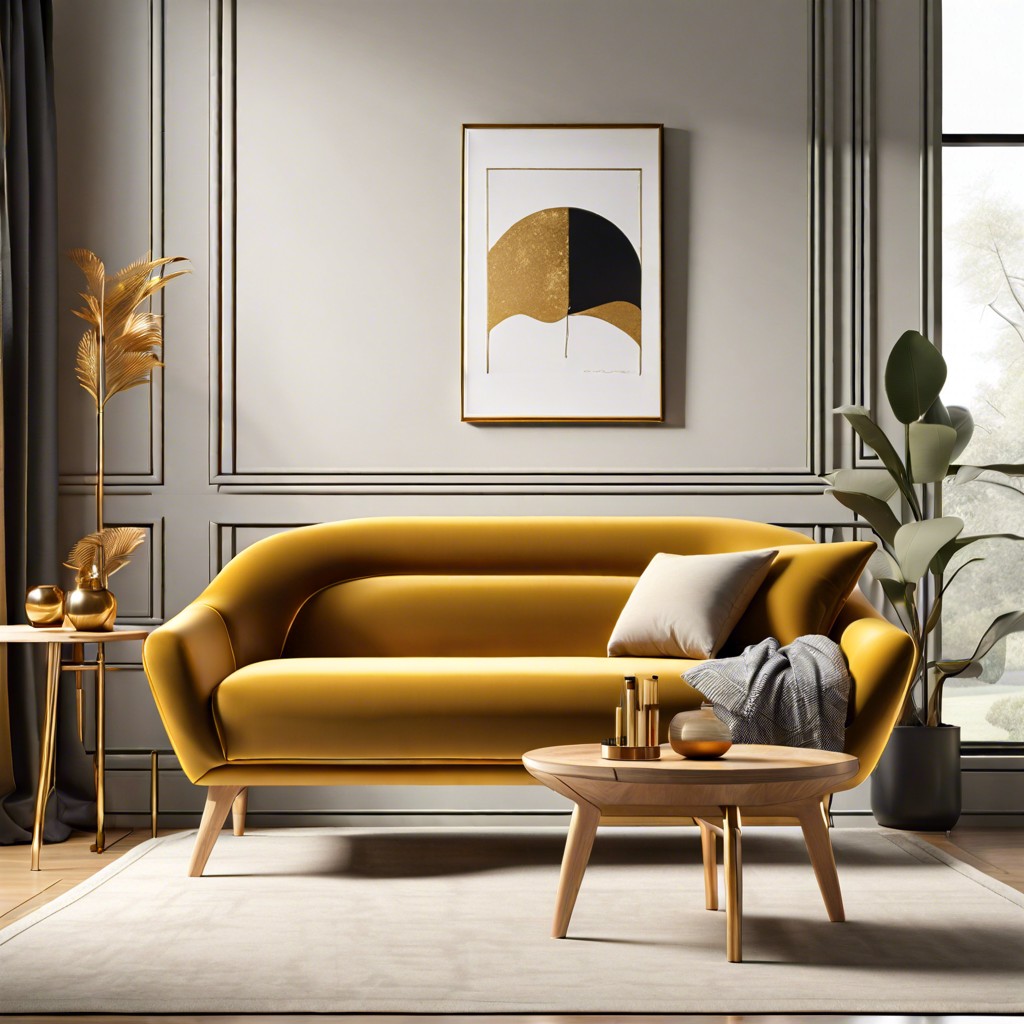 minimalist gold sofa with wooden legs