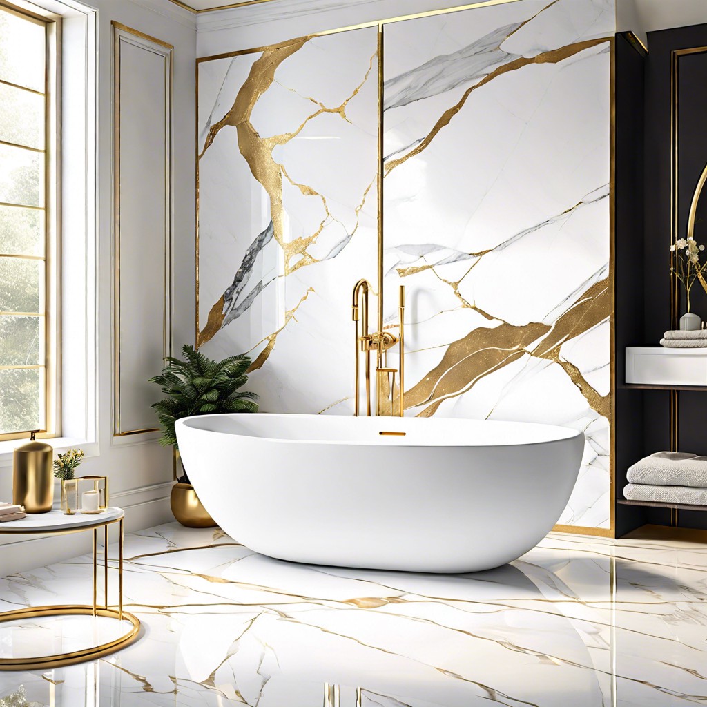 minimalist white marble tile with gold accents